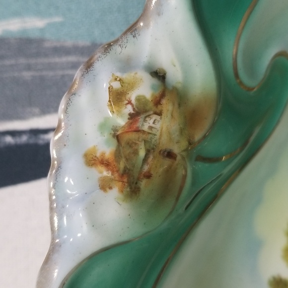 Germany Three Crown China Big Cottage Scenic Bowl With Wavery Green Gold Flowers - Picture 9 of 16